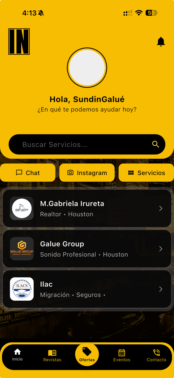Pantalla principal de la aplicación IN Houston